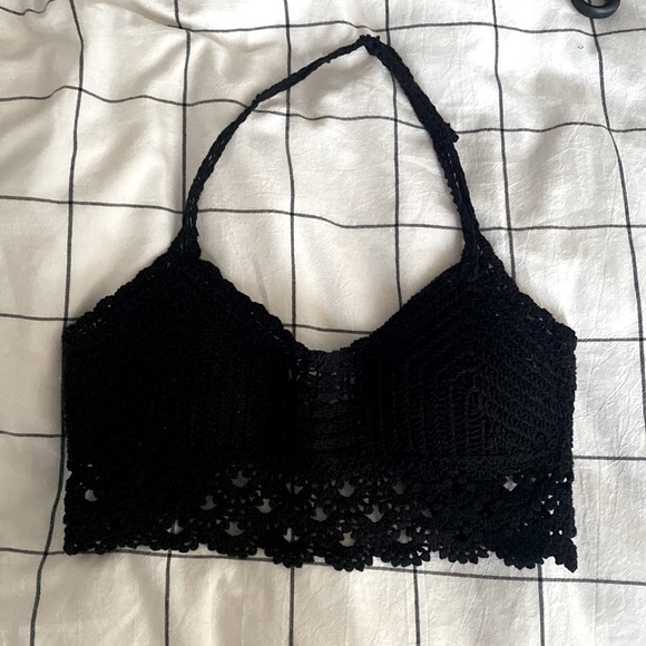 Black crochet halter top. Ties in the back and around the neck. - Picture 3 of 4